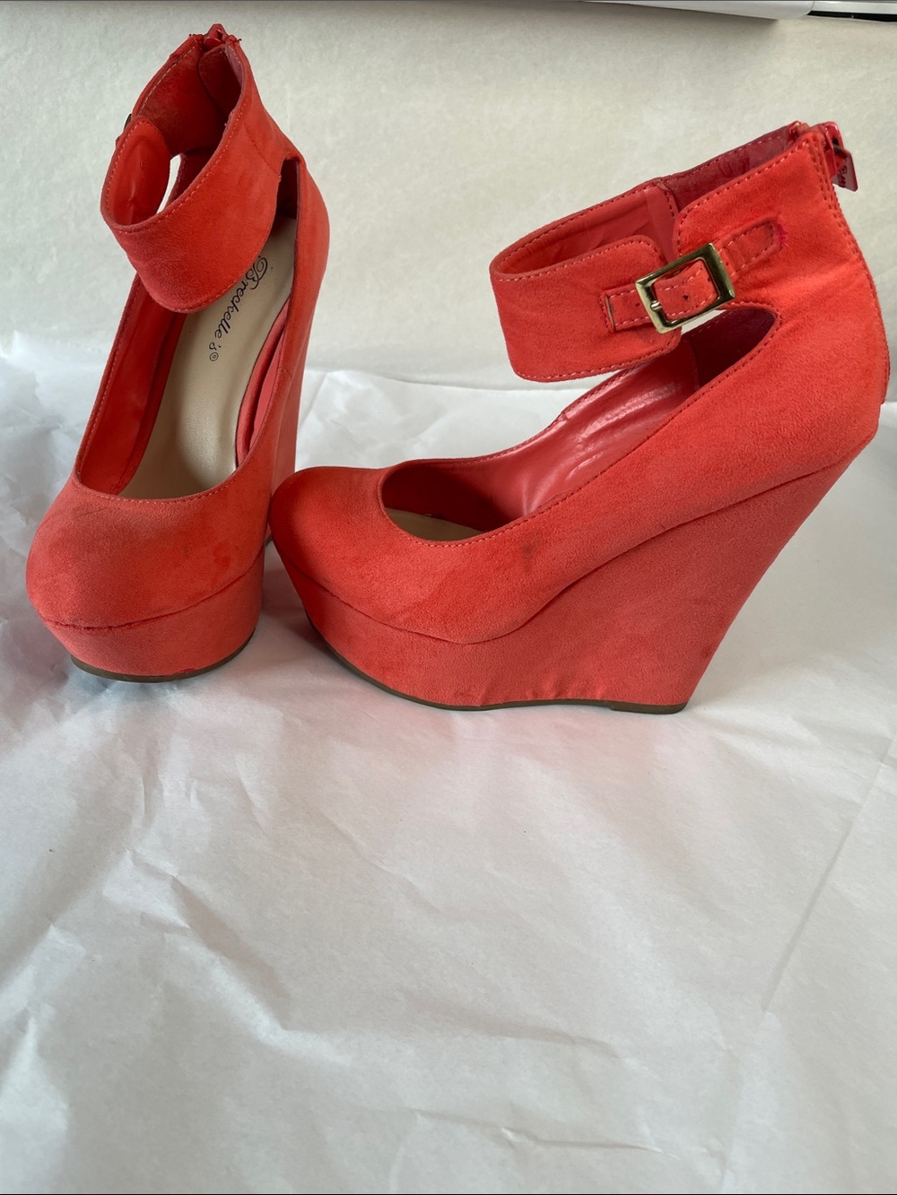 Breckelles Coral Suede Platform Ankle-Strap Wedge Pumps